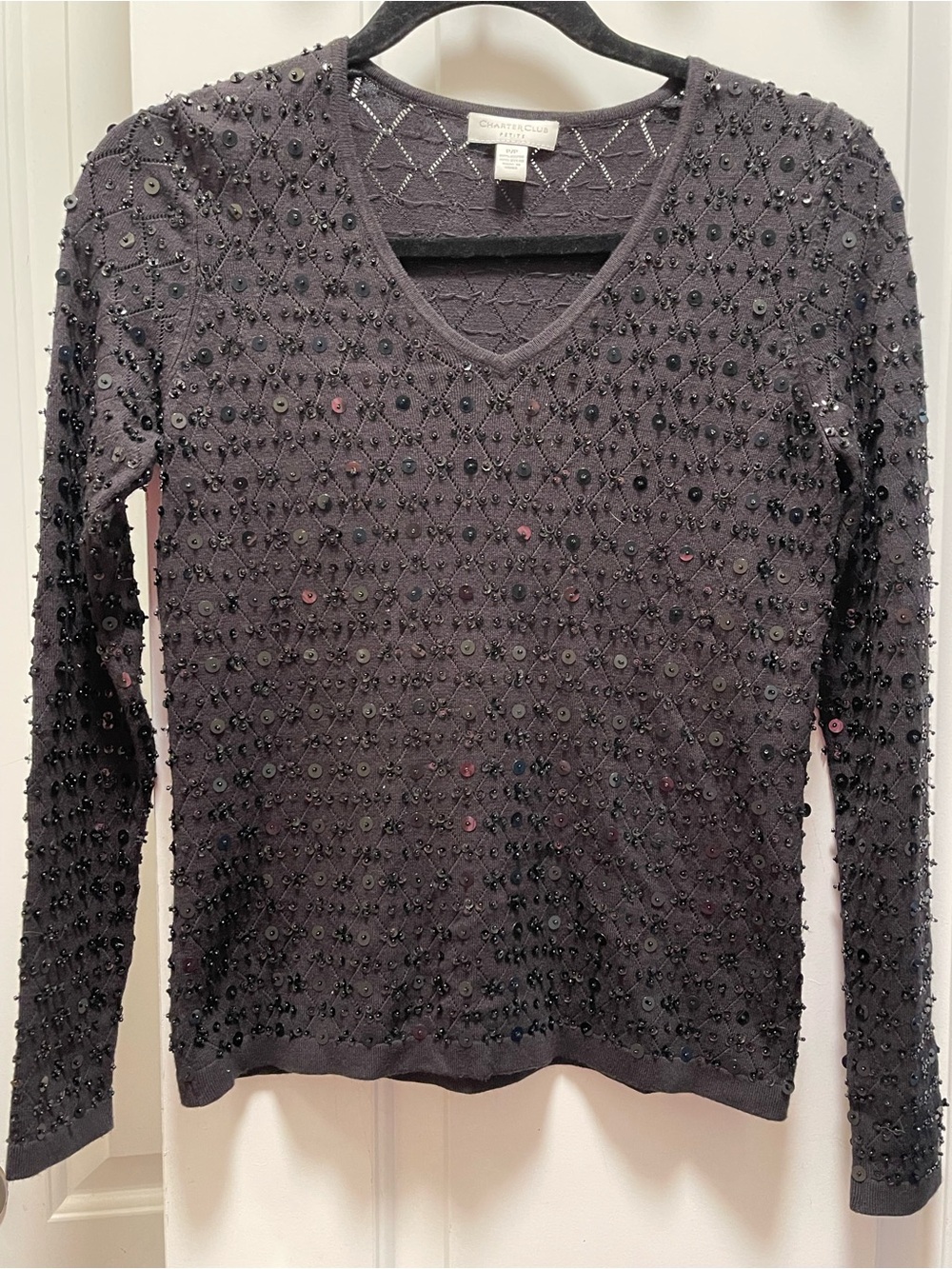 Charter Club Petite Beaded Sequin V-Neck Sweater Charcoal Gray Embellished XS